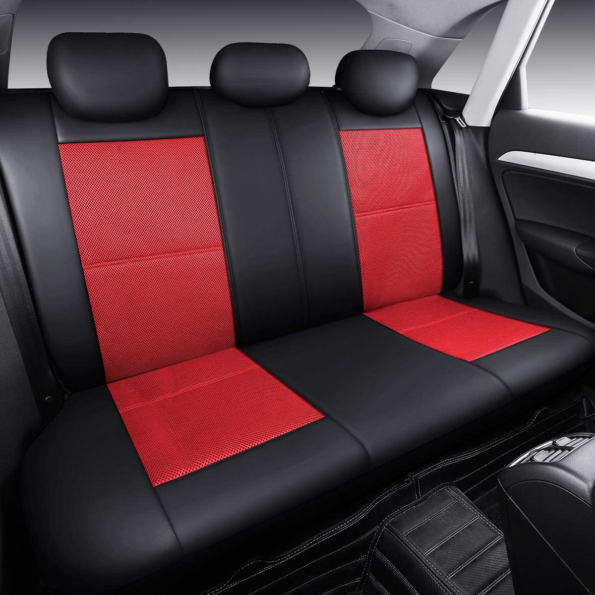 Leather and Mesh Car Seat Cover Full Set in 9Pcs Universal Fit for Cars Trucks Vans & Suvs Airbag Compatible (Red)